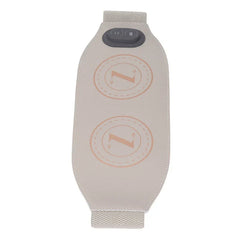 Slimming Belt Massager - Beige waist heating and massage belt with two control buttons on top and two circular printed designs on its front, shown flat.