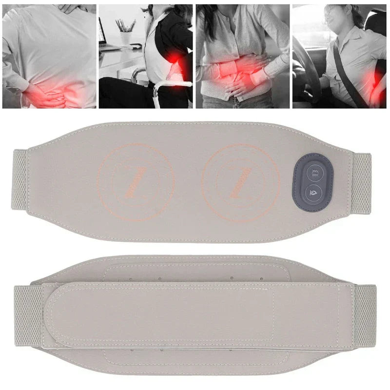 Slimming Belt Massager - Waist belt massager shown with four small pained figure examples above it, front and back views of the belt below