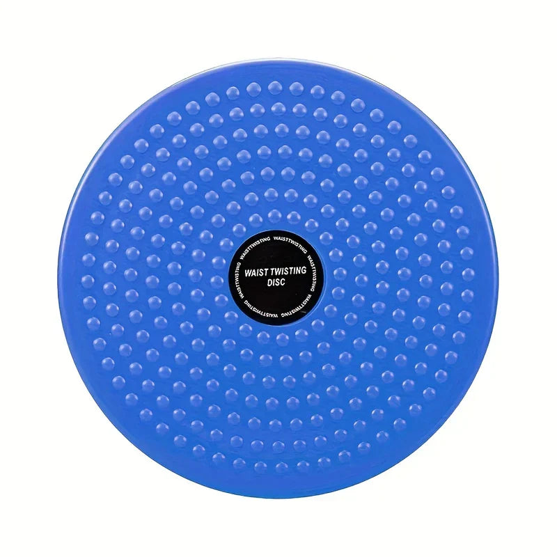 Fitness Board - Top-down view of a blue round waist twisting disc with raised bump texture and a central black label