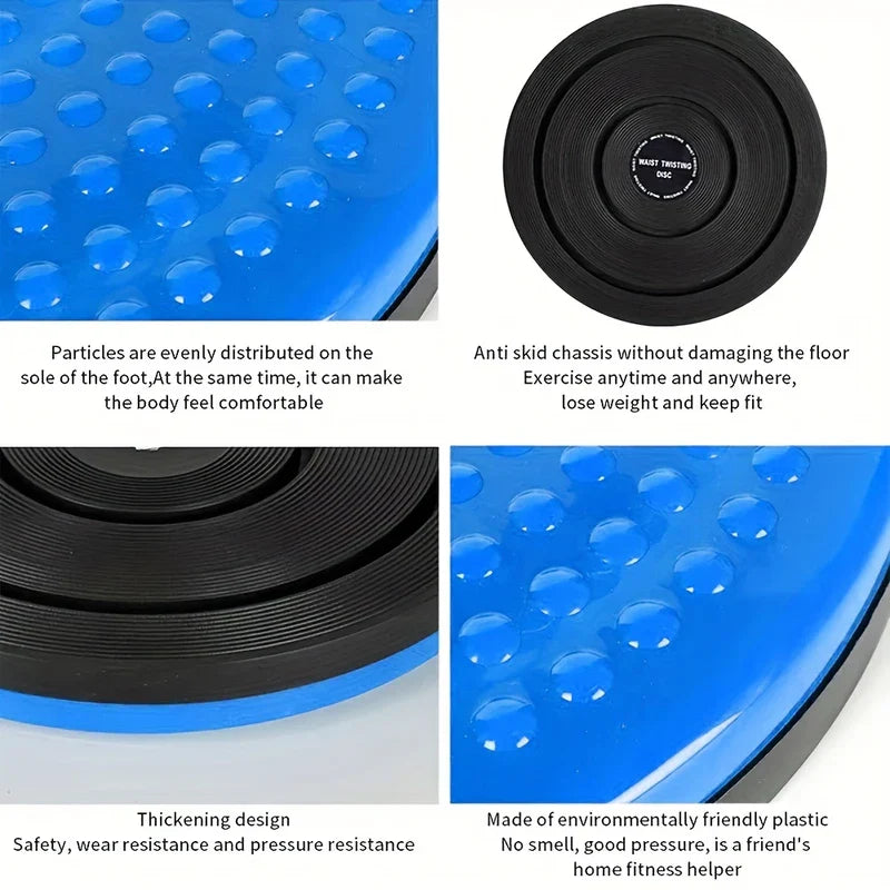 Fitness Board - Four-panel close-up collage showing textured top surface, black anti-skid base, thickened edge, and plastic material details