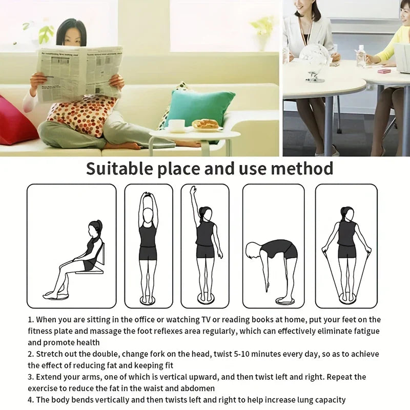 Fitness Board - Collage showing casual use scenarios and four illustrated exercise positions on the twisting disc with instructional text