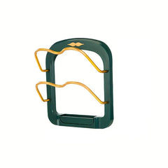Slipper Rack Organizer - Dark green two-tier storage unit with gold curved hanging bars and small gold lip accent at top
