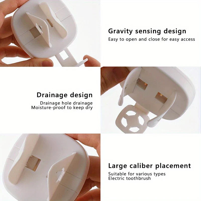 Six-panel close-up view showing white wall mounted electric toothbrush holder, detailing its gravity sensing clip, drainage holes, and large caliber clip.