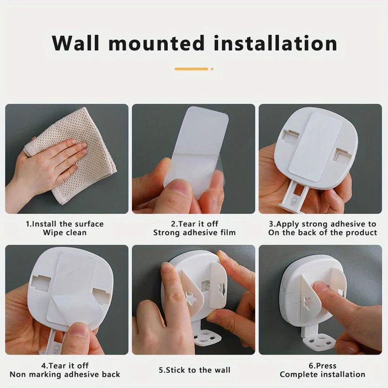 Six-step instruction diagram showing wall mounted installation process for the white adhesive electric toothbrush holder.