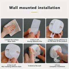 Six-step instruction diagram showing wall mounted installation process for the white adhesive electric toothbrush holder.