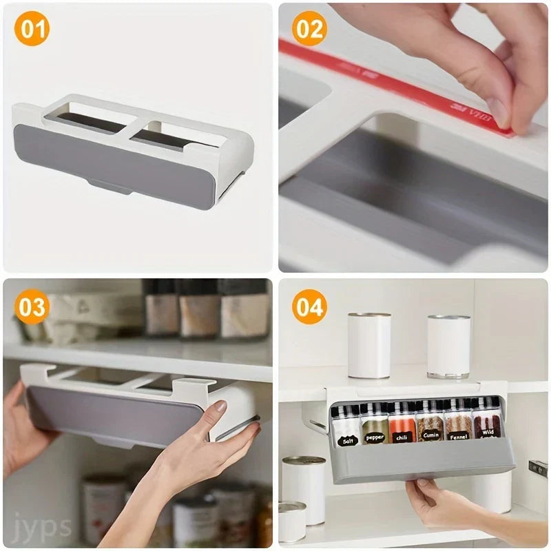 Wall Mount Spice Rack - Four-step installation sequence for a self-adhesive under-shelf storage drawer showing mounting and use with spice containers