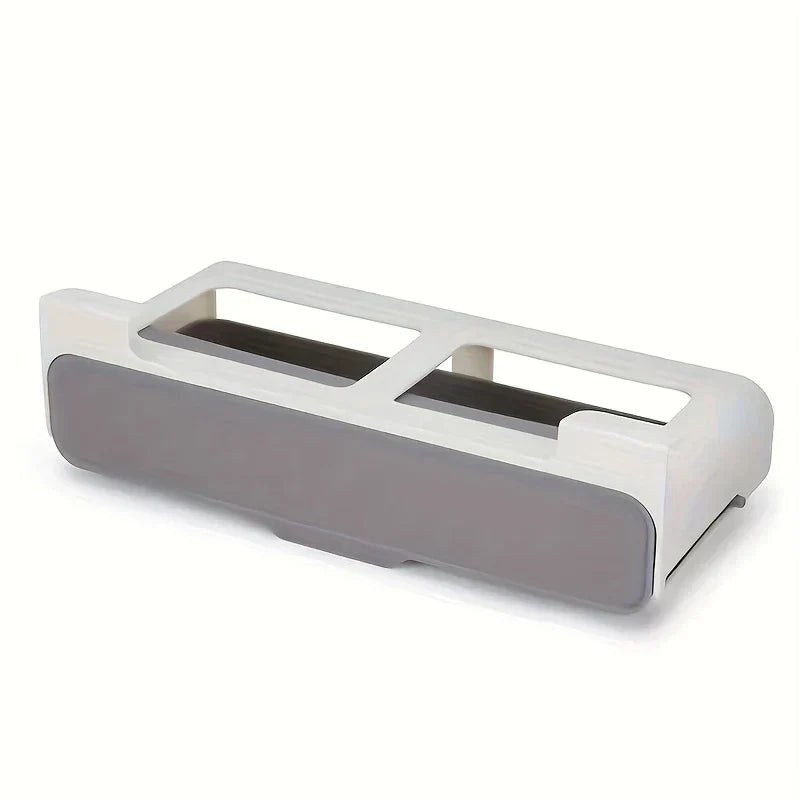 Wall Mount Spice Rack - White and gray under-shelf sliding storage drawer viewed at a slight angle against a white background