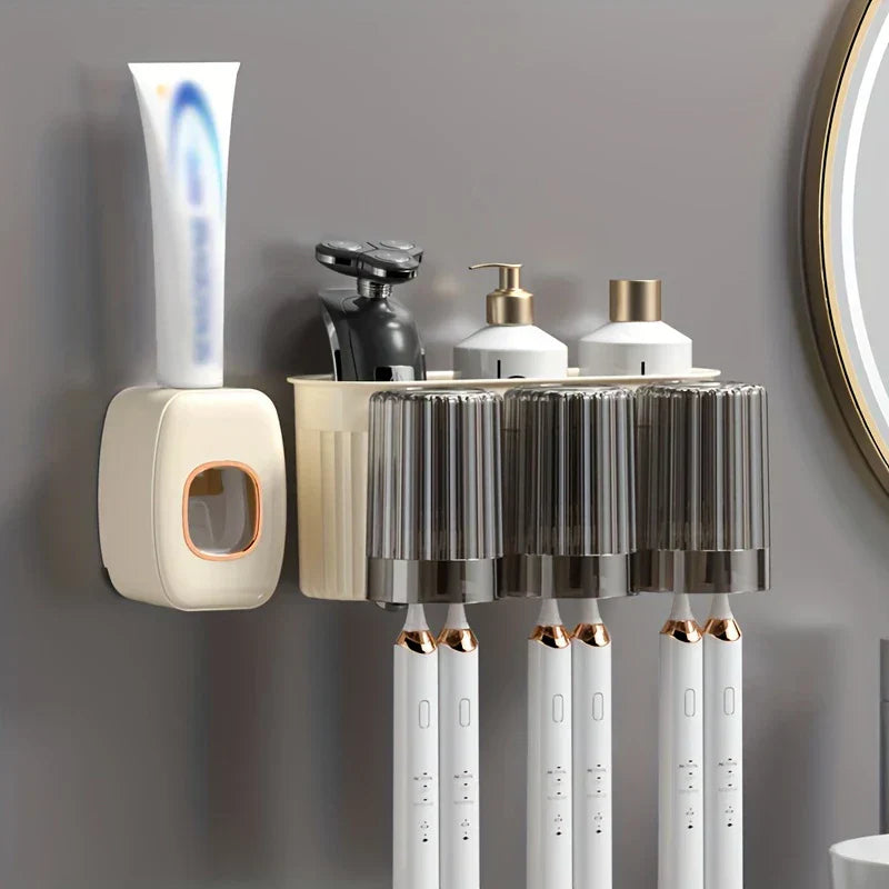 Toothbrush Holder Set - Wall-mounted bathroom organizer holding toothpaste, a razor, soap bottles, six toothbrushes with inverted cup covers, and a hairbrush