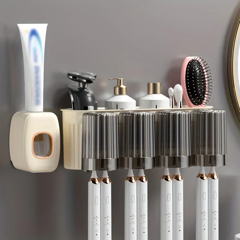 Toothbrush Holder Set - Wall-mounted bathroom organizer holding toothbrushes, toothpaste, a razor, bottles, and a hairbrush mounted on a gray wall