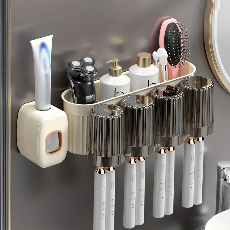 Toothbrush Holder Set - Cream wall-mounted bathroom organizer installed on a dark gray wall, holding toothpaste, a razor, two pump bottles, a hairbrush, and four electric toothbrushes with matching rinse cups