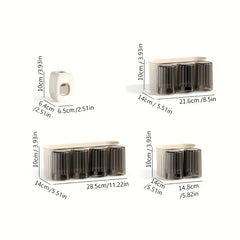 Toothbrush Holder Set - Diagram showing dimension measurements for a small wall-mounted unit and three wall caddies with differing cup counts.