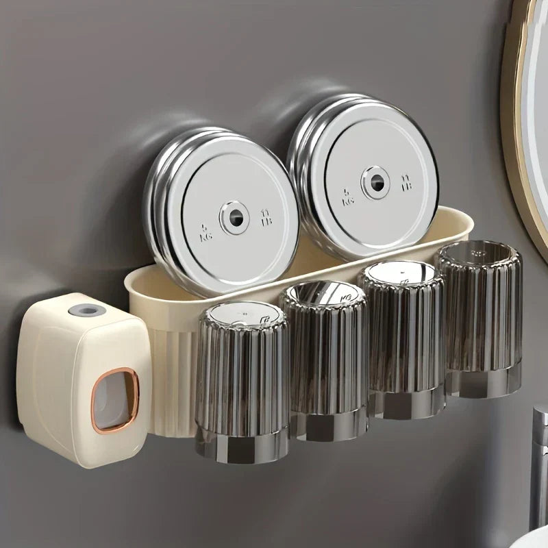 Toothbrush Holder Set - Wall-mounted beige bathroom caddy with two suction cups, four upside-down ribbed cups, and an attached cream dispenser.