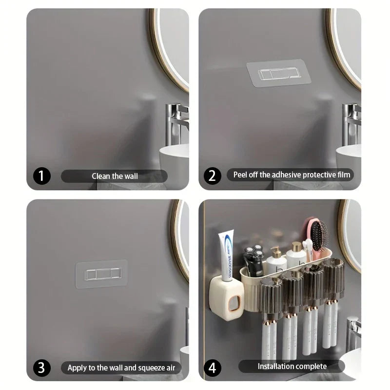 Toothbrush Holder Set - Four-step installation guide for a wall-mounted bathroom organizer, showing wall prep, adhesive application, and final mounted setup with toiletries