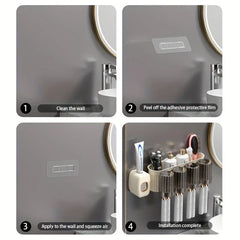 Toothbrush Holder Set - Four-step installation guide for a wall-mounted bathroom organizer, showing wall prep, adhesive application, and final mounted setup with toiletries