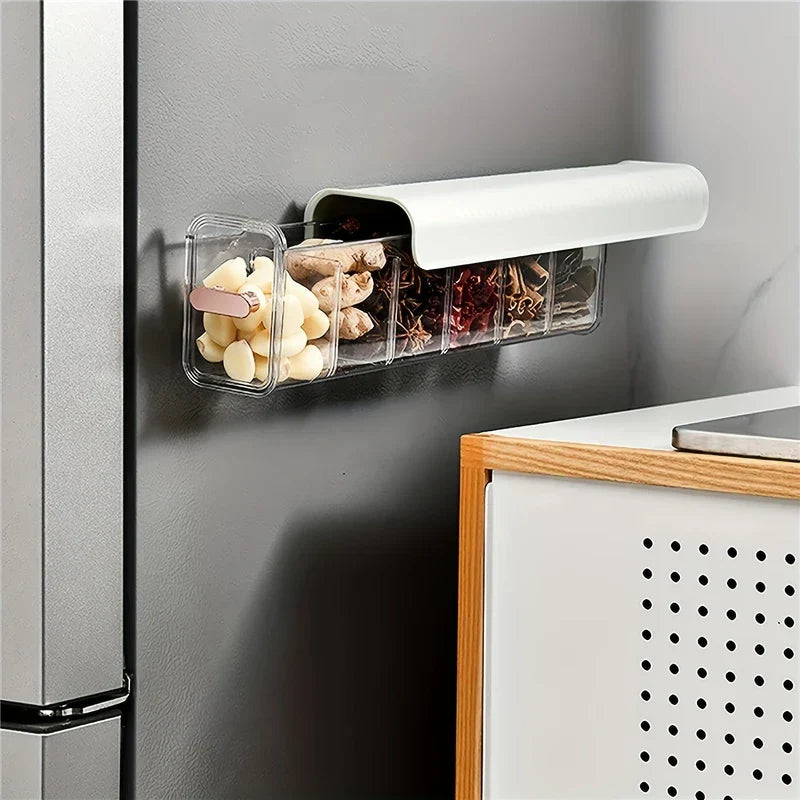 Sock Underwear Organizer Box - Wall-mounted divided clear plastic storage organizer holding garlic cloves, ginger pieces, and dried spices against a gray surface.