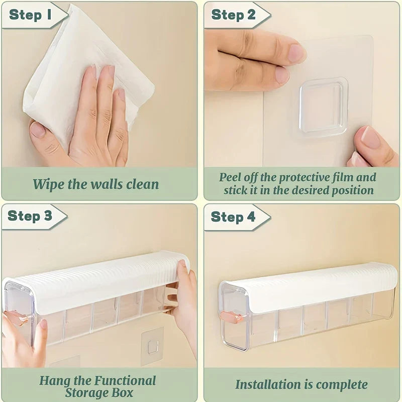 Sock Underwear Organizer Box - 4-step installation guide showing wall prep, adhesive sticker application, hanging a clear wall-mounted storage box, and completed install.