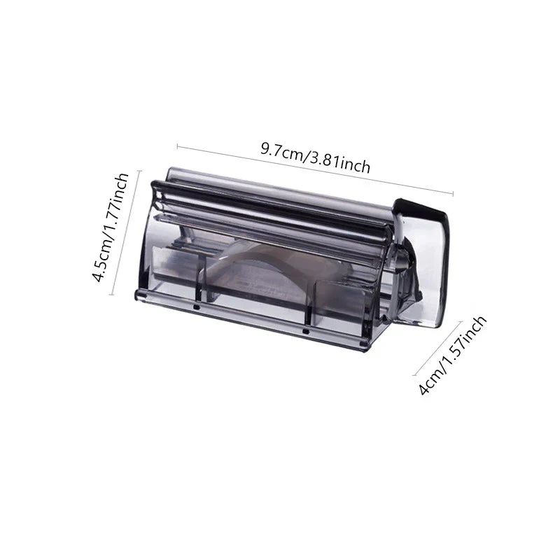 Wall Mount Toothpaste Dispenser - Smoky transparent plastic tube squeezer, shown with dimension measurements against a white background