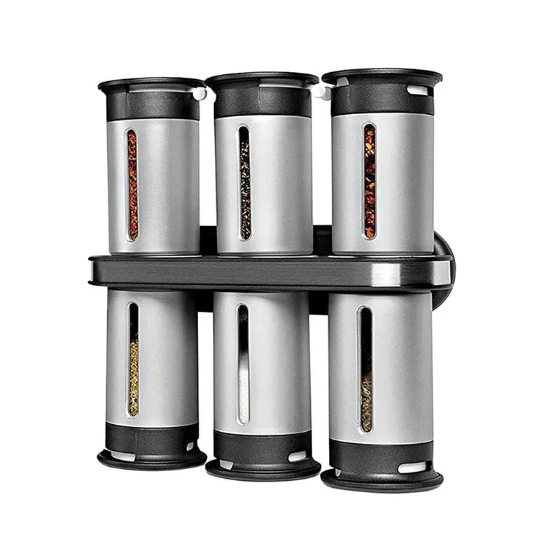 Magnetic Spice Rack Shelf - Front view of two-tier rack holding six silver and black spice canisters with visible spice contents through side windows