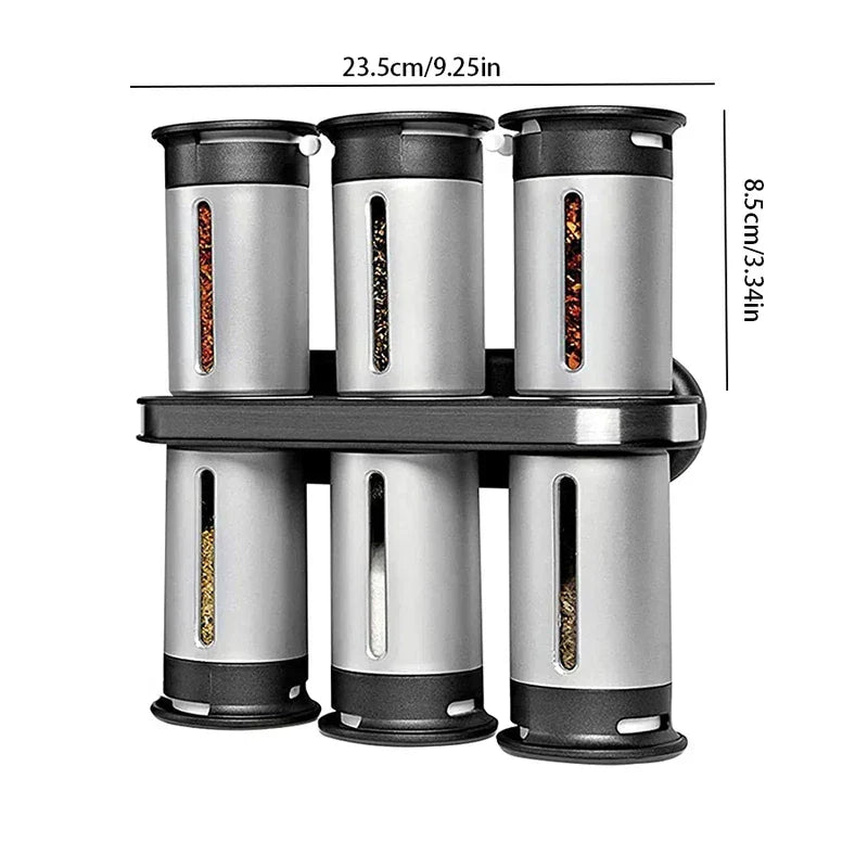 Magnetic Spice Rack Shelf - Wall-mounted spice rack set with six canisters, showing product dimensions in centimeters and inches.
