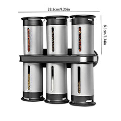 Magnetic Spice Rack Shelf - Wall-mounted spice rack set with six canisters, showing product dimensions in centimeters and inches.