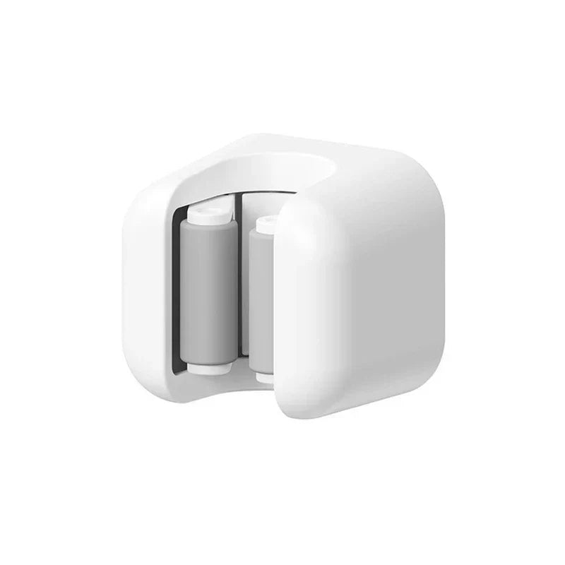 Broom Holder - Close-up front view of white wall-mounted grip clip with gray internal rollers
