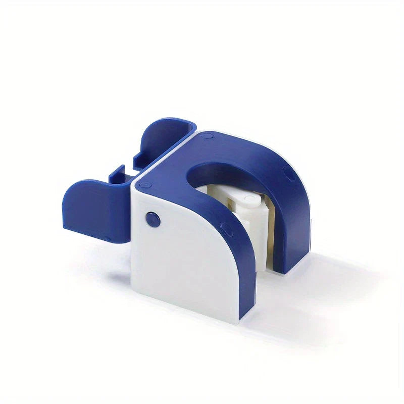 Mop And Broom Holder - Two-tone dark blue and white corner-style safety lock with locking tab open, against a plain white background.