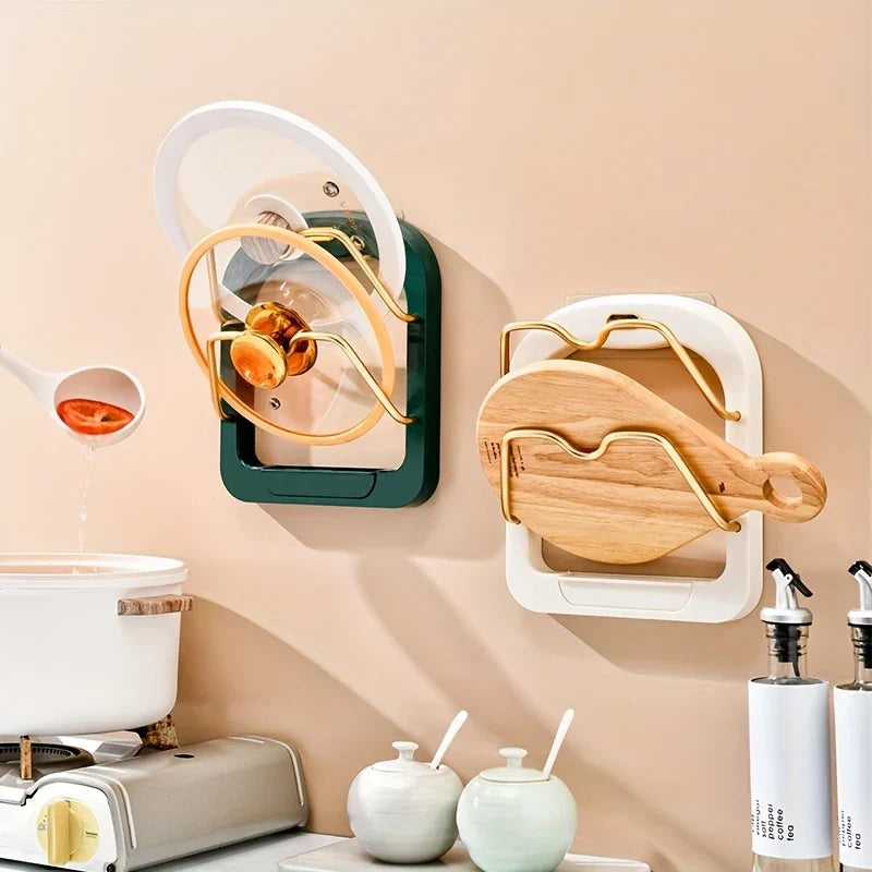 Pot Lid Organizer - Two mounted racks installed on a kitchen wall holding pot lids and a wooden cutting board