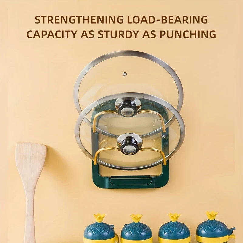 Pot Lid Organizer - Dark green mounted rack holding two stacked glass pot lids to demonstrate weight capacity
