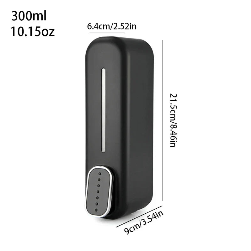 300ml black wall-mounted soap shampoo dispenser with visible size dimensions shown in cm and inches