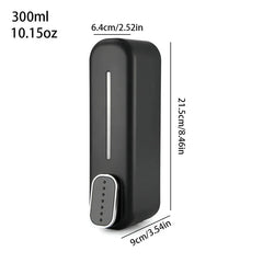 300ml black wall-mounted soap shampoo dispenser with visible size dimensions shown in cm and inches