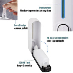 White soap shampoo dispenser displayed open to show internal tank, lock, transparent window, and flip design