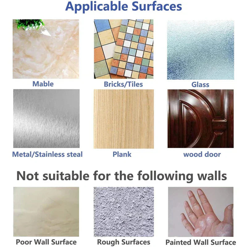 Diagram showing various applicable and unsuitable wall surfaces for product installation, with labeled surface photos.