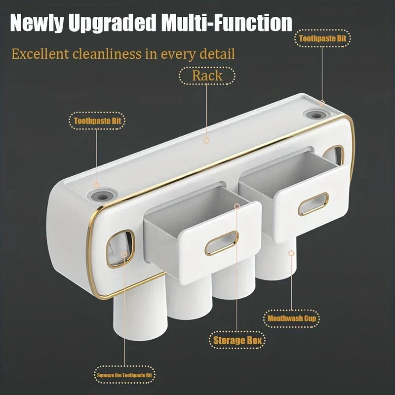 White gold-trimmed wall mount toothbrush holder toothpaste dispenser set with labeled parts, including storage drawers and mouthwash cups.