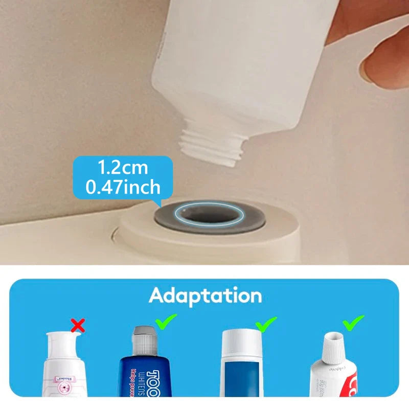 Close-up of a 1.2cm opening with a bottle above, and a row of toothpaste bottles marked compatible or not below.
