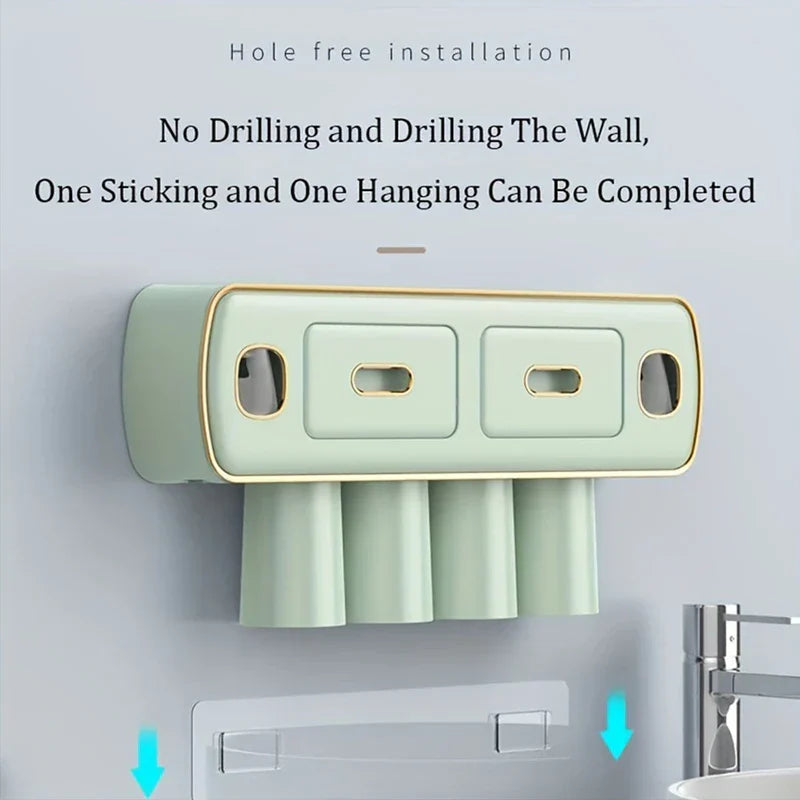 Light green wall mount toothbrush holder toothpaste dispenser set shown with no-drill adhesive mount install steps.