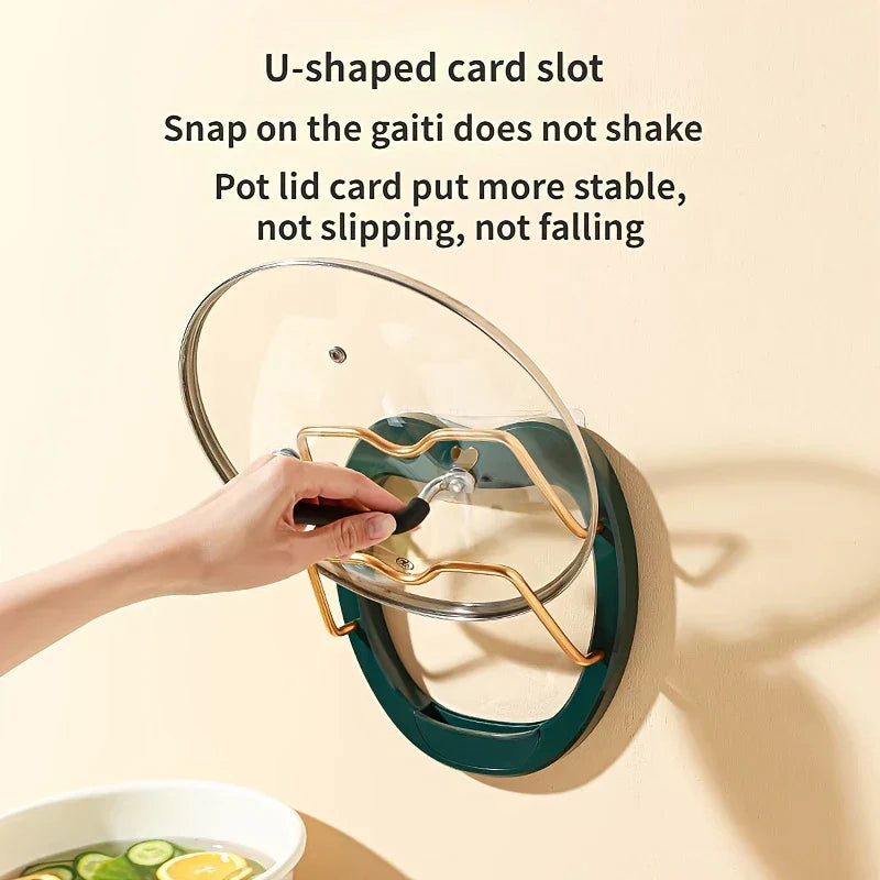 Wall Mounted Pot Lid Holder - Hand placing a glass pot lid into the dark green organizer, showing stable U-shaped slot design
