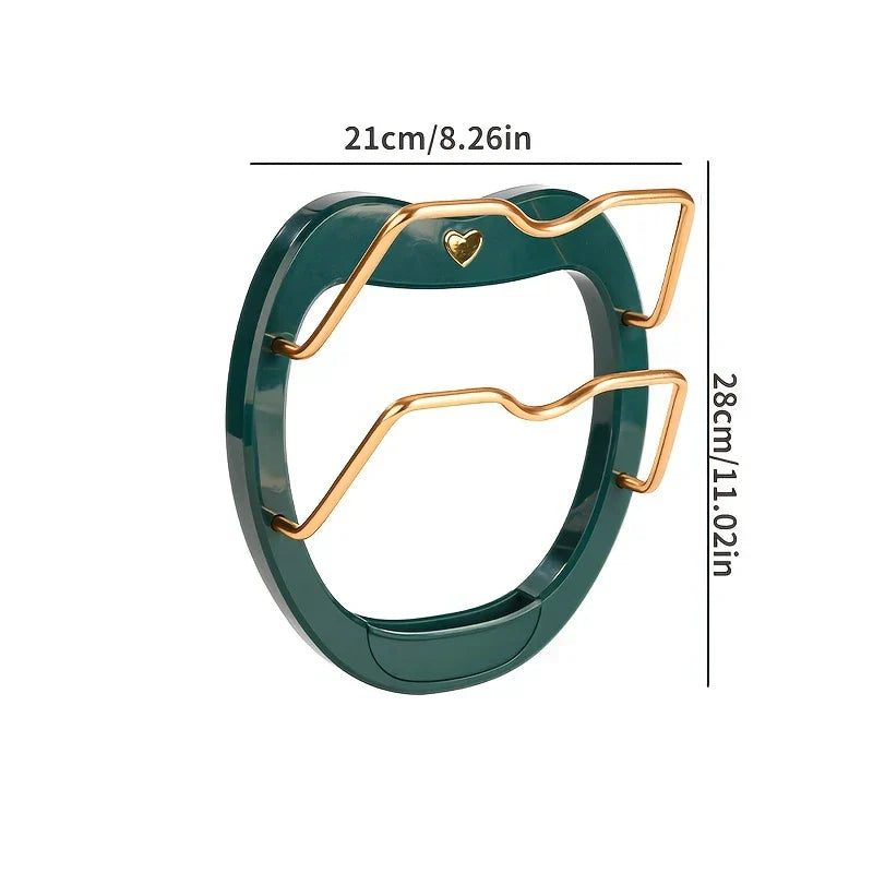 Wall Mounted Pot Lid Holder - Cat-eared wall-mounted lid rack in dark green with gold accents, showing dimensions of 21cm width and 28cm height.