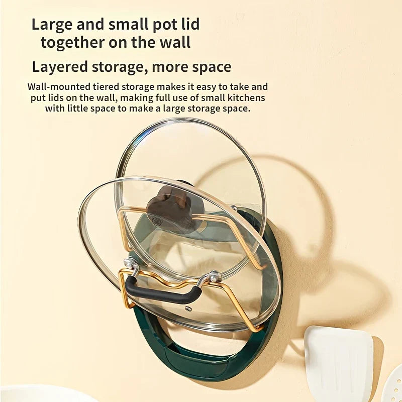 Wall Mounted Pot Lid Holder - Dark green wall-mounted rack holding two stacked glass pot lids on its two tiers.