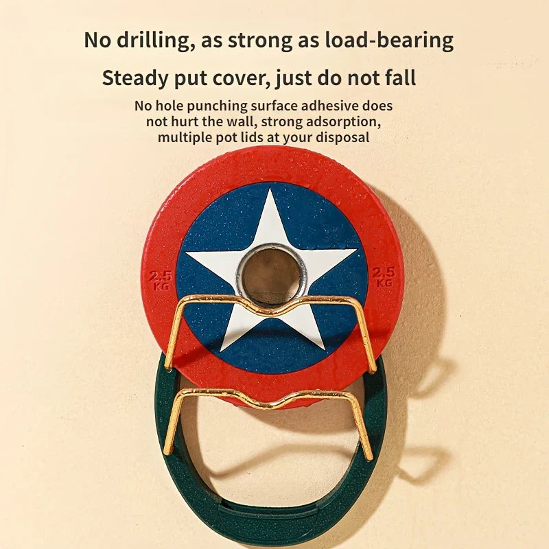 Wall Mounted Pot Lid Holder - Wall-mounted dark green lid holder holding a 2.5KG weight plate marked with red, white, and blue star design.