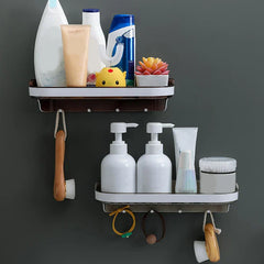 Wall mounted storage shelf with hooks in a kitchen
