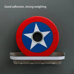 Wall Mounted Shelf - Shelf mounted on a dark wall holding a 2.5kg Captain America-styled weight plate.