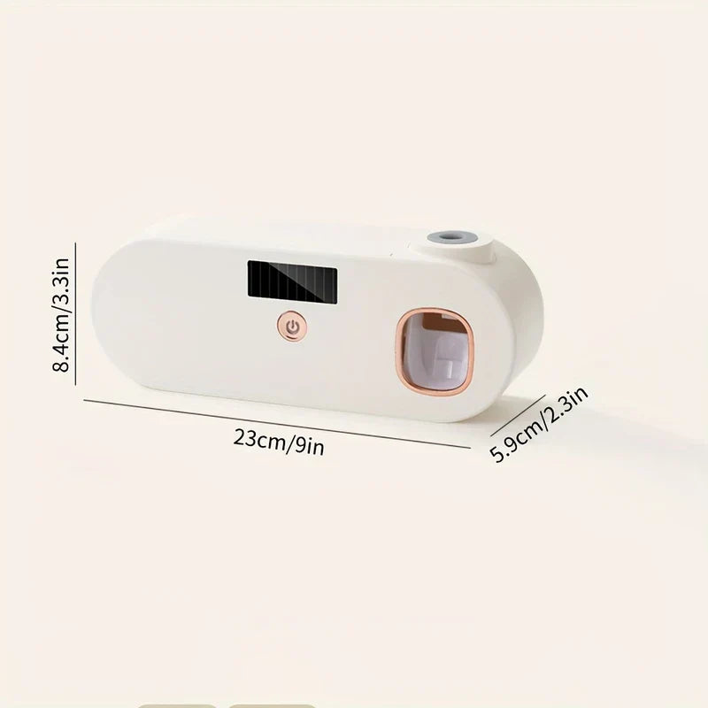 Uv Toothbrush Sanitizer - White wall-mounted automatic dispenser with dimension labels marked in both centimeters and inches