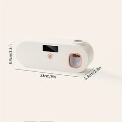Uv Toothbrush Sanitizer - White wall-mounted automatic dispenser with dimension labels marked in both centimeters and inches