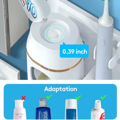 Uv Toothbrush Sanitizer - Toothpaste dispenser squeezing toothpaste onto a brush, with 0.39 inch adapter measurement and compatible bottle guide shown