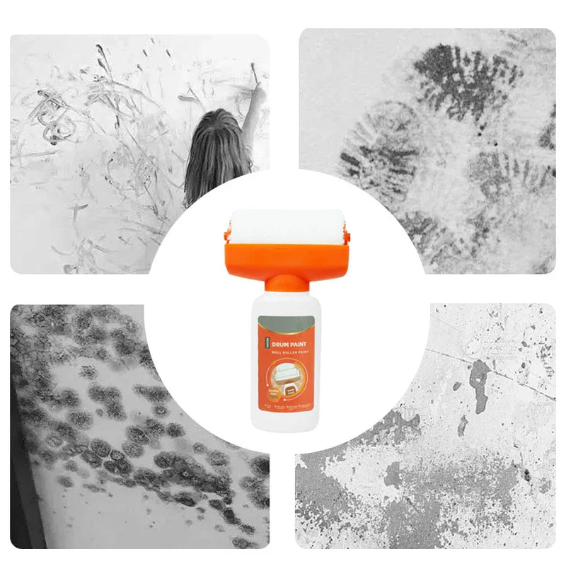 Wall Stain Remover Sponge - Wall roller paint bottle centered, surrounded by four grayscale images of marked, stained, and damaged walls.