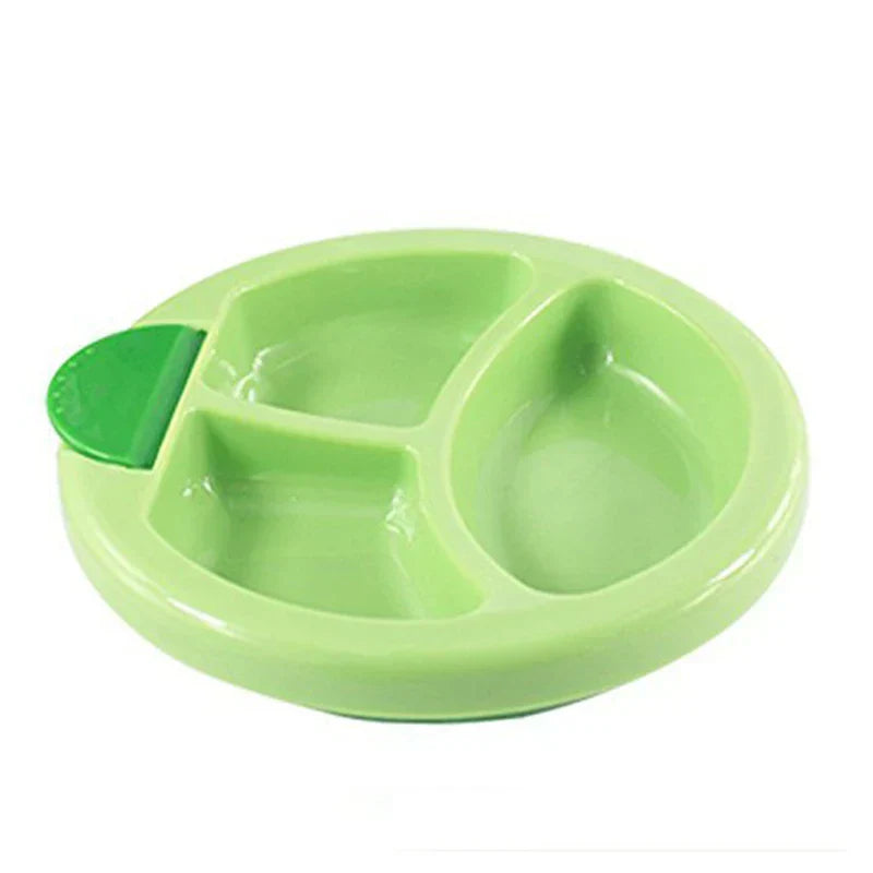 Food Warmer - Round light green divided plate with three compartments and a darker green tab on its left edge, viewed from above.
