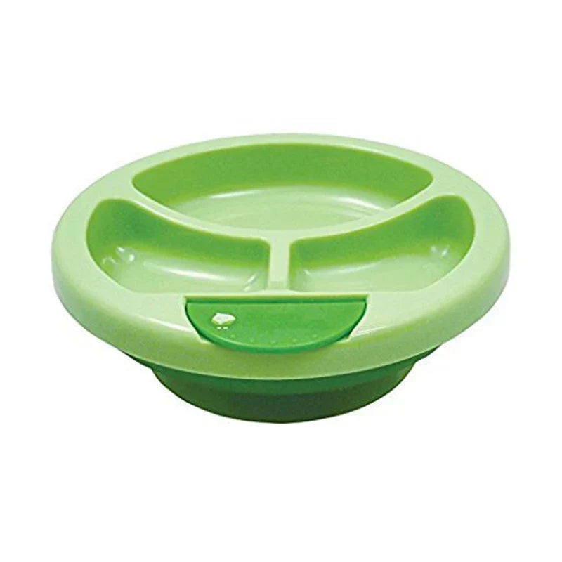 Food Warmer - Light green round divided serving dish with three separate compartments and fill port cap