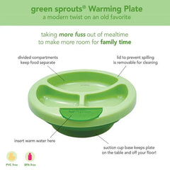 Food Warmer - Green baby warming plate with labels indicating features: divided compartments, lid, warm water insert, suction base, BPA/PVC-free.