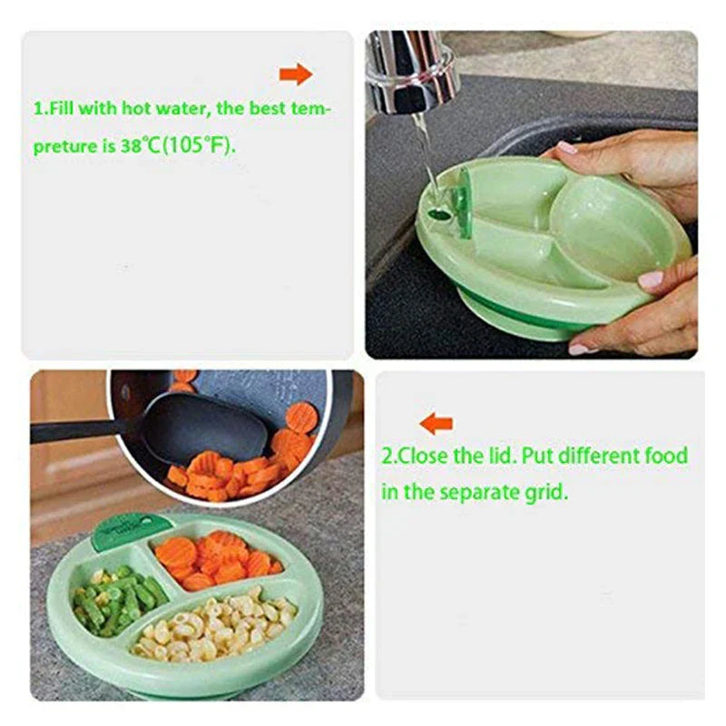 Food Warmer - Four-panel instructional graphic showing fill and use steps for the divided serving dish