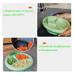 Food Warmer - Four-panel instructional graphic showing fill and use steps for the divided serving dish